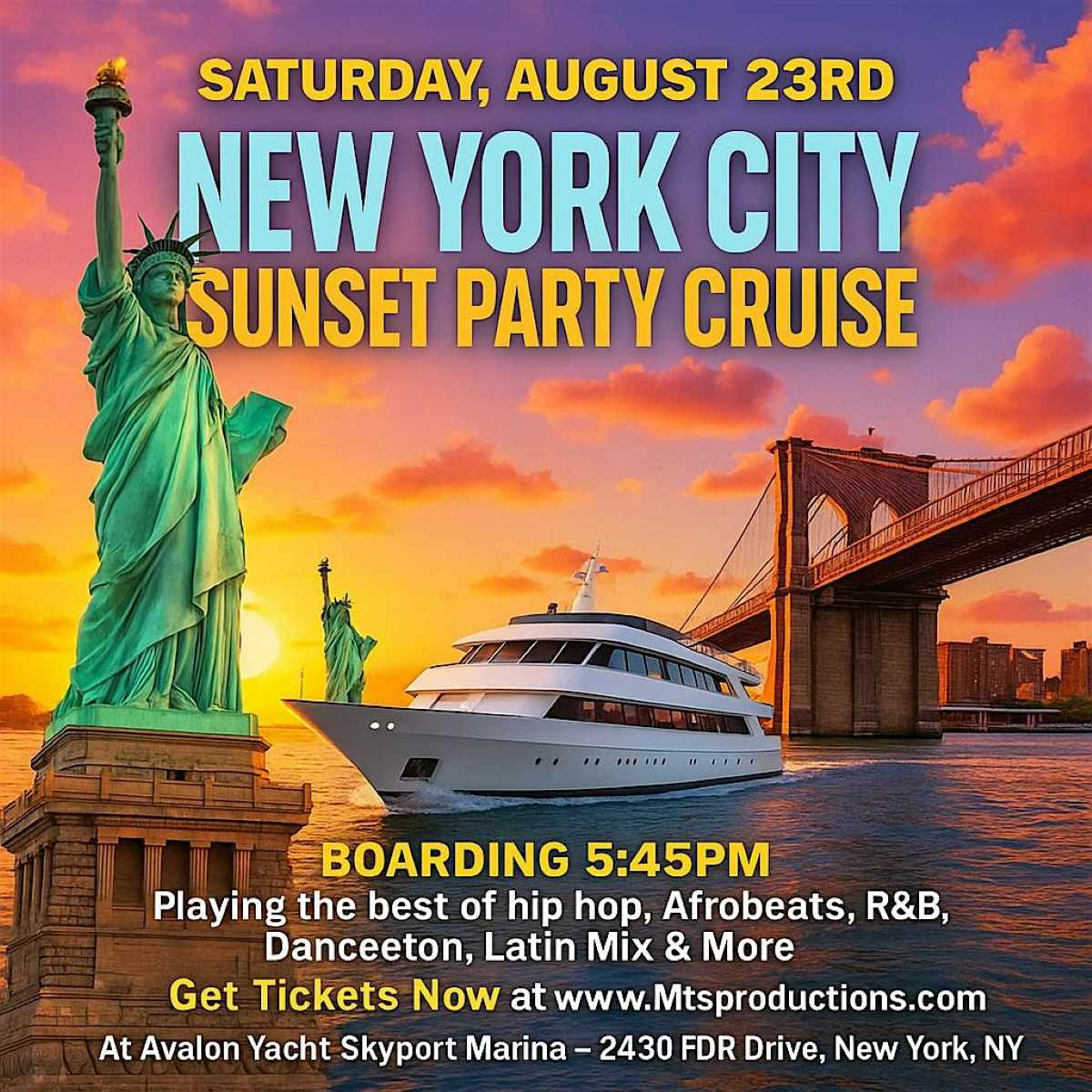 Buy tickets for New York City Sunset Party Cruise – Saturday, August 23rd | Avalon Yacht New York City Sunset Party Cruise – Saturday, August 23rd | Avalon Yacht